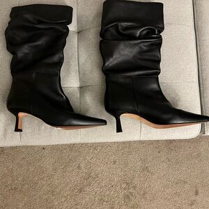 Black leather scrunch kitten heeled boots, 1 inch heel, size 9, never worn